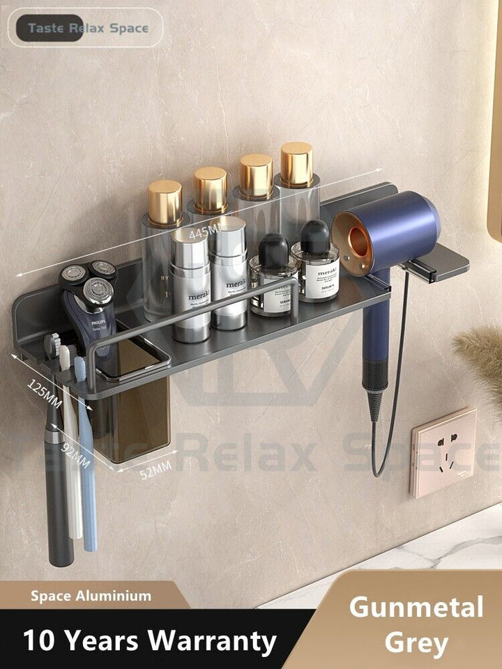 Wall-Mounted Hair Dryer &amp; Toothbrush Holder with Shelf – Bathroom Organizer