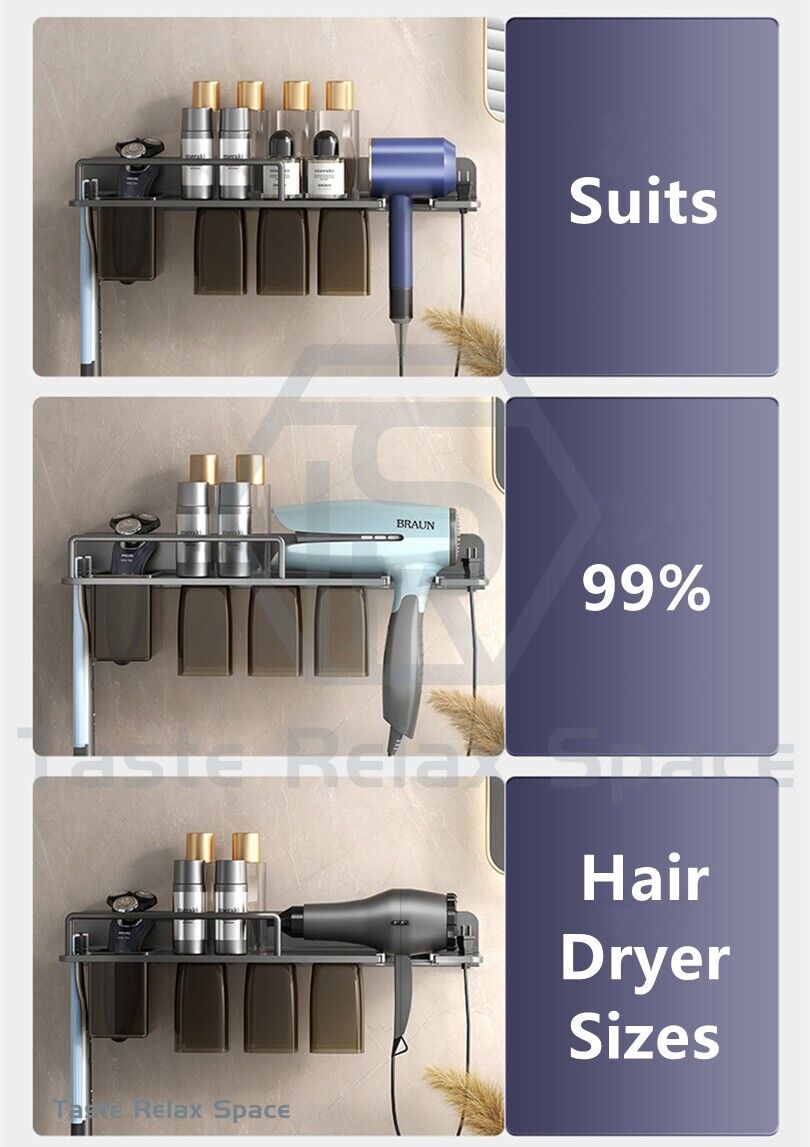 Wall-Mounted Hair Dryer &amp; Toothbrush Holder with Shelf – Bathroom Organizer