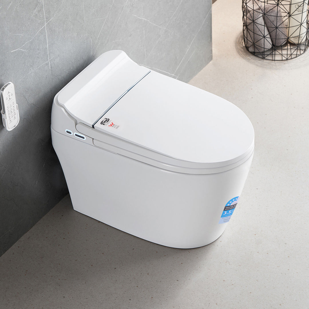 Smart Bidet Toilet S-Trap with Heated Seat, Auto Flush &amp; Remote Control - White D-Shape