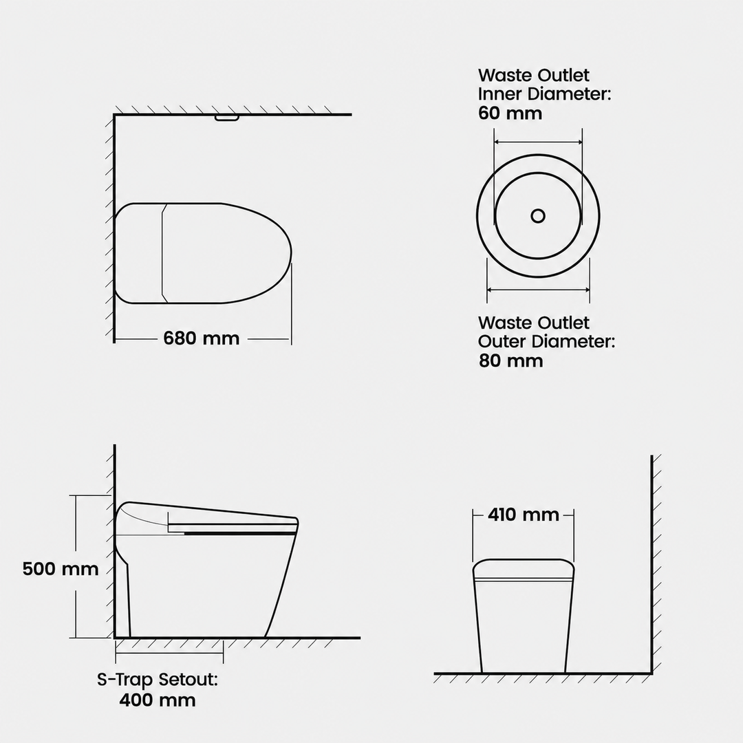 Smart Bidet Toilet S-Trap with Heated Seat, Auto Flush &amp; Remote Control - White D-Shape