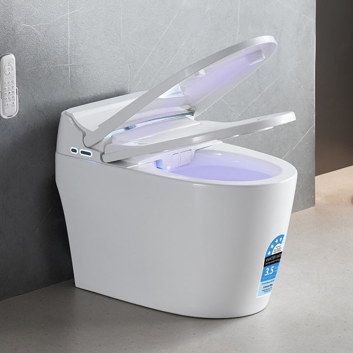 Smart Bidet Toilet S-Trap with Heated Seat, Auto Flush &amp; Remote Control - White D-Shape