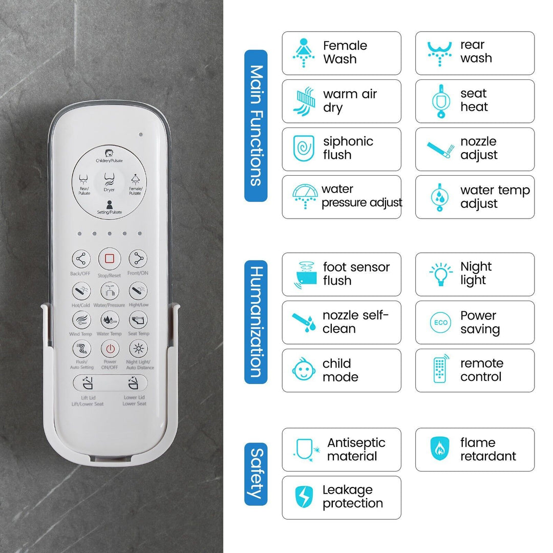 Smart Bidet Toilet S-Trap with Heated Seat, Auto Flush &amp; Remote Control - White D-Shape