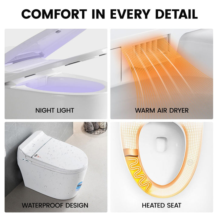 Smart Bidet Toilet S-Trap with Heated Seat, Auto Flush &amp; Remote Control - White D-Shape