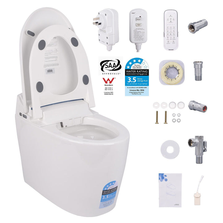 Smart Bidet Toilet S-Trap with Heated Seat, Auto Flush &amp; Remote Control - White D-Shape