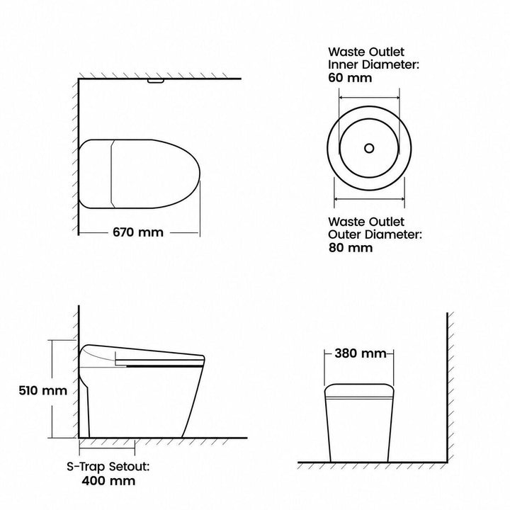 670mm Smart Bidet Toilet S-Trap with Auto Lid, Heated Seat &amp; Foot Flush - White