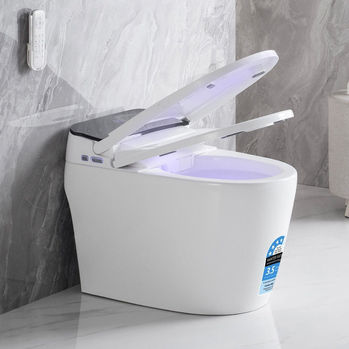 670mm Smart Bidet Toilet S-Trap with Auto Lid, Heated Seat &amp; Foot Flush - White