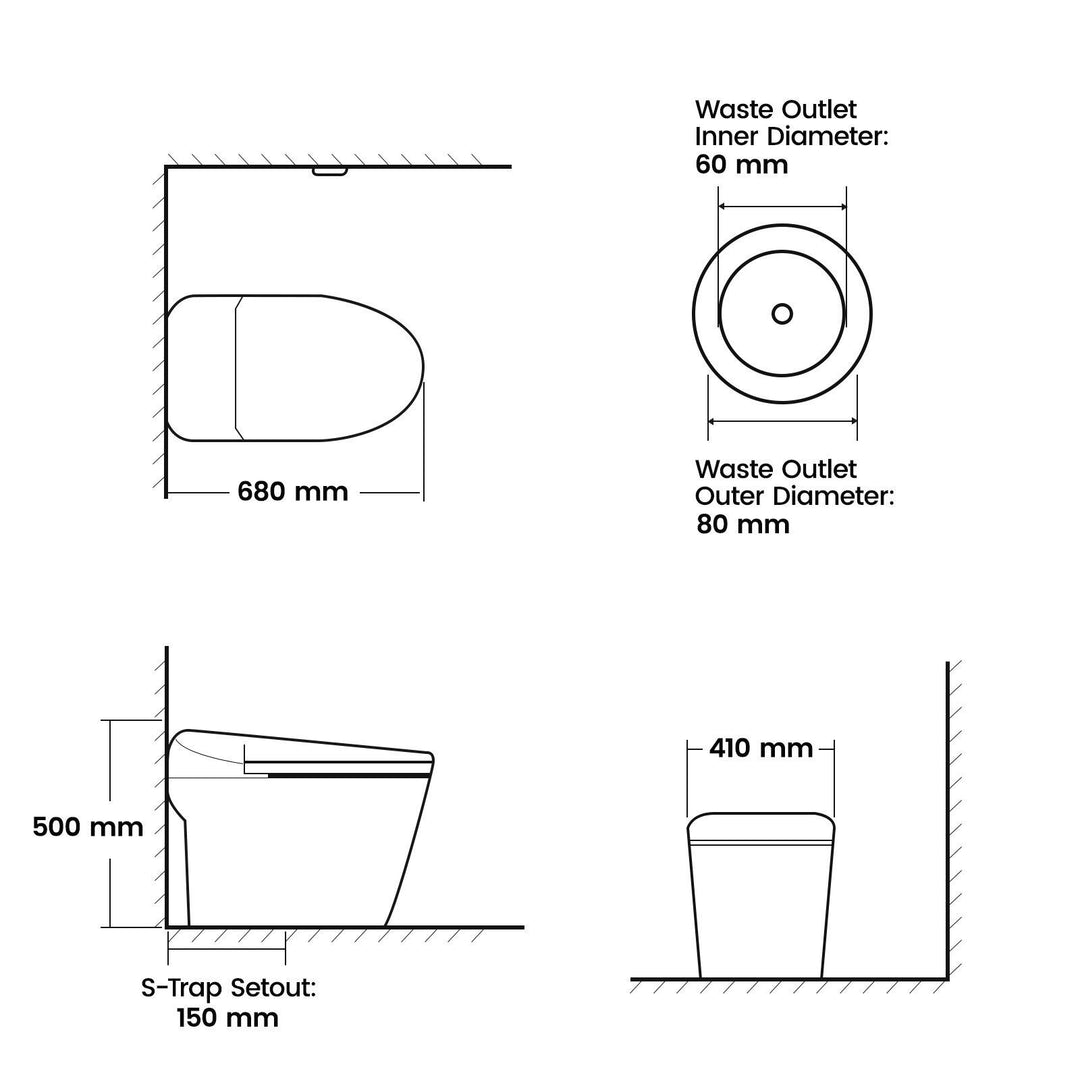 680mm Smart Bidet Toilet S-Trap with 3.5L Flush, Heated Seat &amp; Remote - White