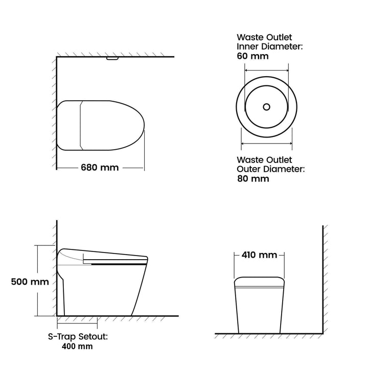 680mm Smart Bidet Toilet S-Trap with 3.5L Flush, Heated Seat &amp; Remote - White