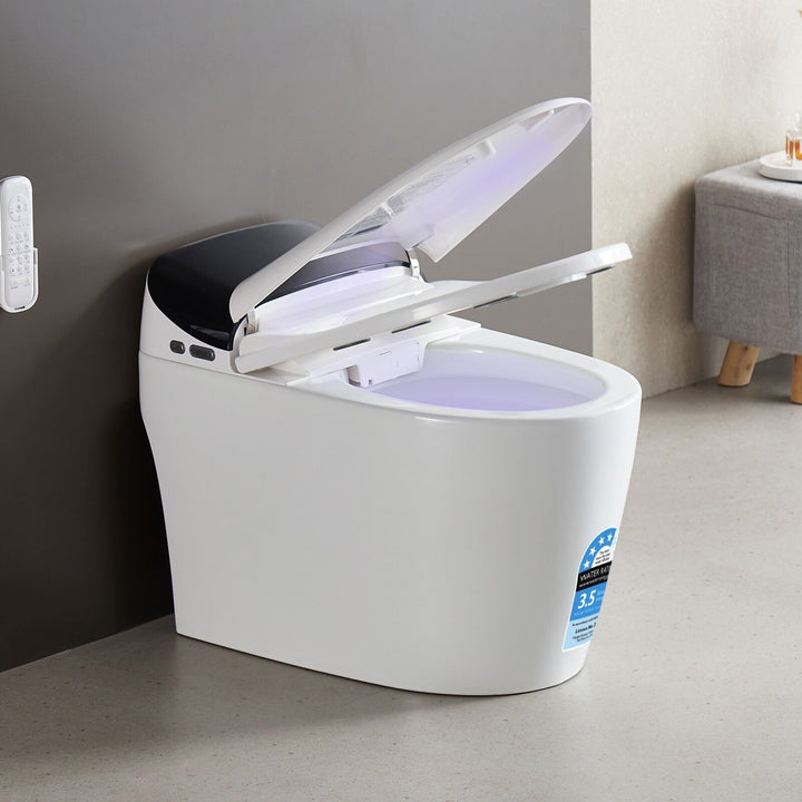 680mm Smart Bidet Toilet with Black Accent Lid, Heated Seat &amp; Auto Flush - White