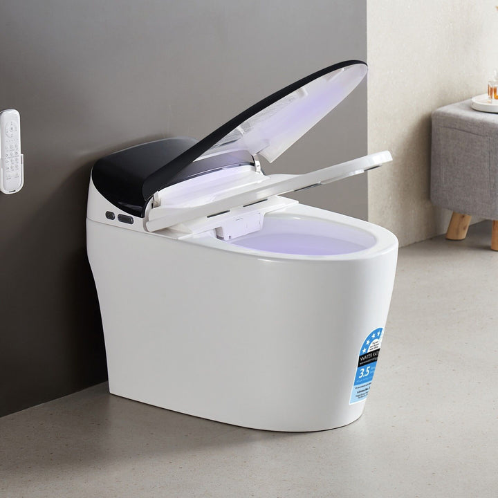 680mm Smart Bidet Toilet with Full Black Lid, Heated Seat &amp; Auto Flush - White