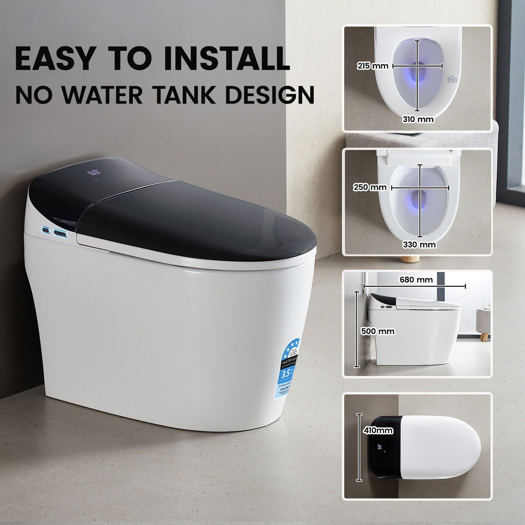 680mm Smart Bidet Toilet with Full Black Lid, Heated Seat &amp; Auto Flush - White