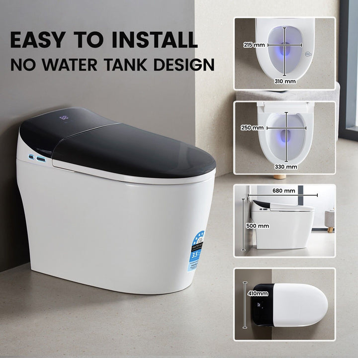 680mm Smart Bidet Toilet with Full Black Lid, Heated Seat &amp; Auto Flush - White