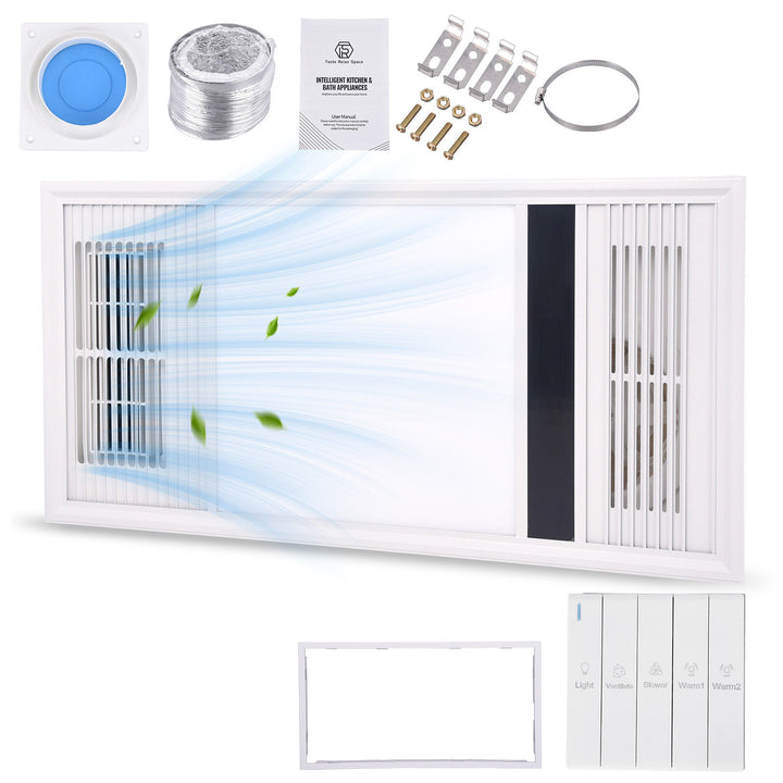 Taste Relax Space 3-in-1 Bathroom Ceiling Heater with Wide Ventilation Fascia, LED Light &amp; Exhaust Fan - White