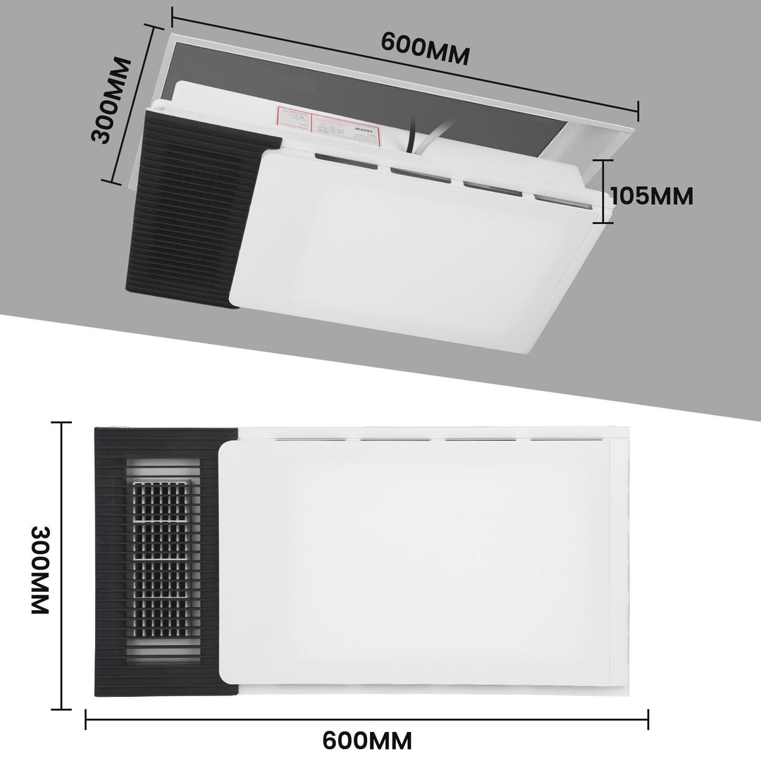 Taste Relax Space 3-in-1 Bathroom Ceiling Heater with Black Ventilation Panel, LED Light &amp; Exhaust Fan - White
