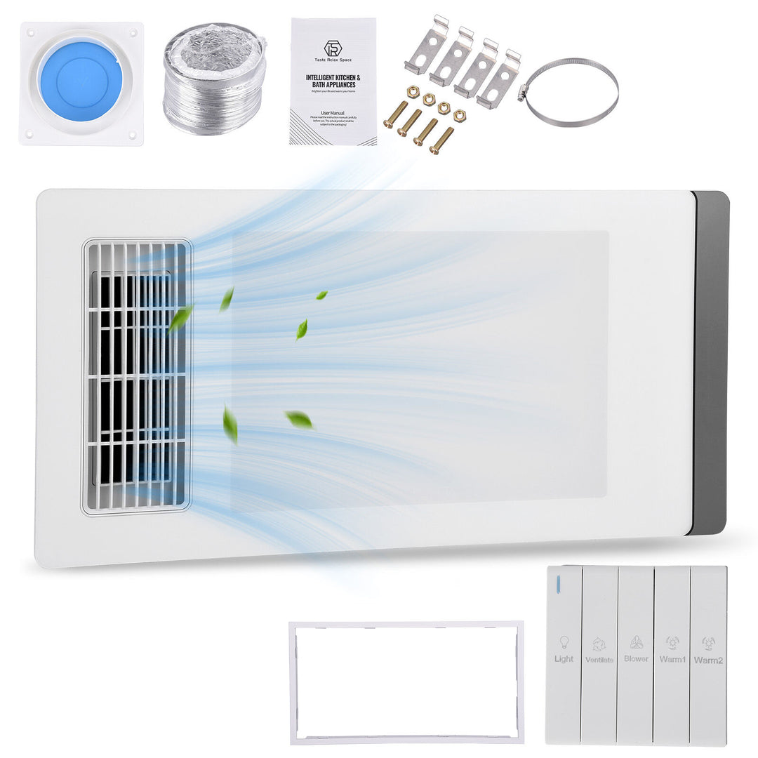Taste Relax Space 3-in-1 Bathroom Ceiling Heater with Black Side Accent, LED Light &amp; Exhaust Fan - White