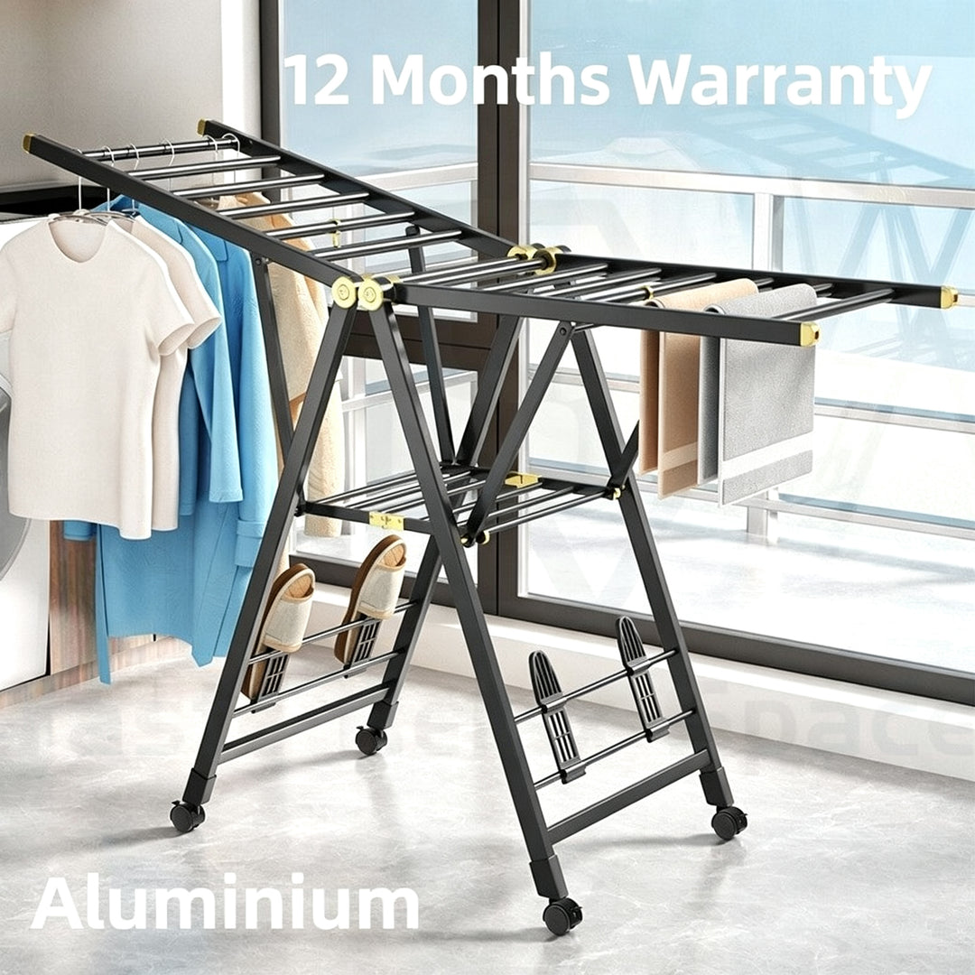 Aluminium Winged Clothes Airer - Foldable Garment Drying Rack with Lockable Wheels