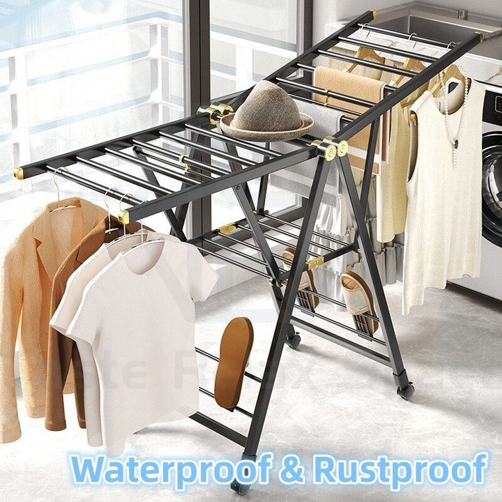 Aluminium Winged Clothes Airer - Foldable Garment Drying Rack with Lockable Wheels